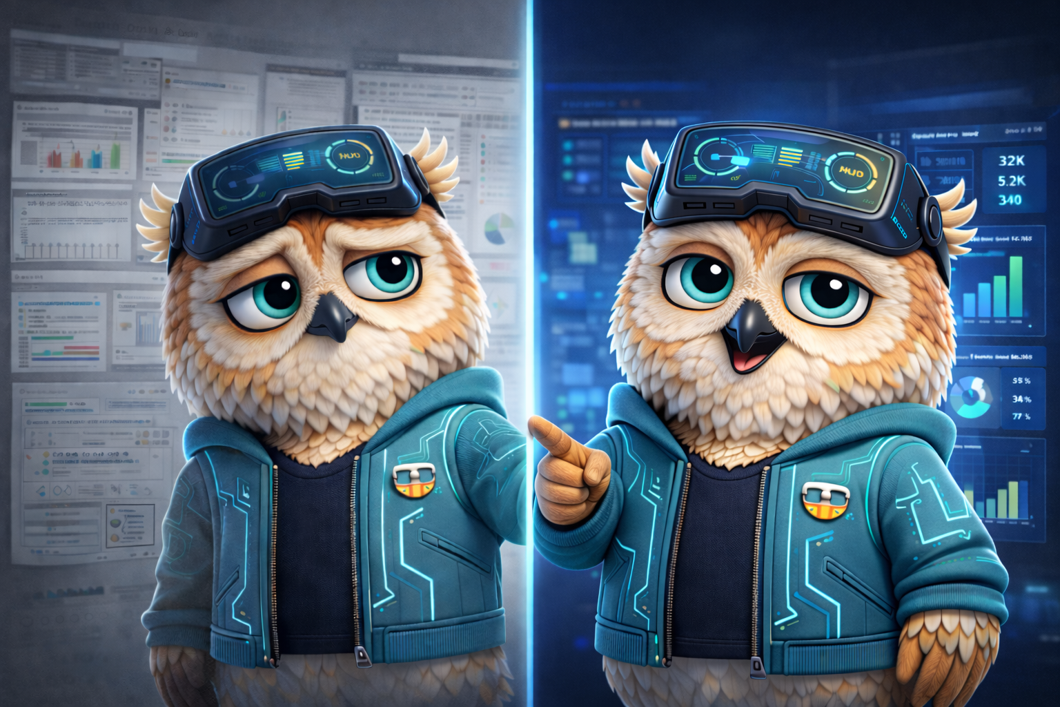 Gossip Analytics owl mascot illustrating the before and after transformation from raw XR data to actionable insights